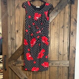 Sleeveless Black Polka Dot Dress with Red Floral Print